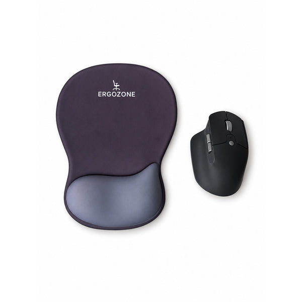Kit ergonomique Ergozone noir sur fond blanc : tapis de souris avec repose-poignet et souris verticale sans fil