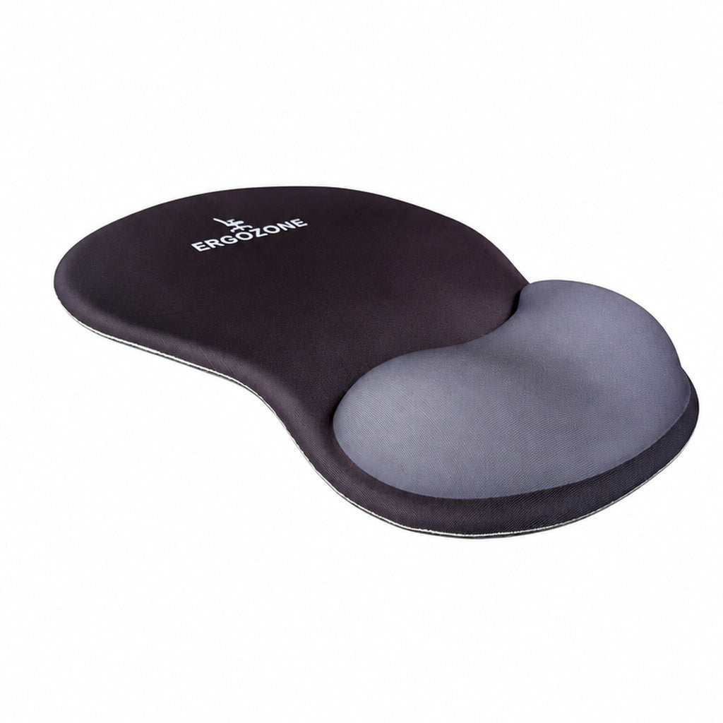 Tapis de souris ergonomique Ergozone noir vu de trois quarts, repose-poignet en mousse, sur fond blanc