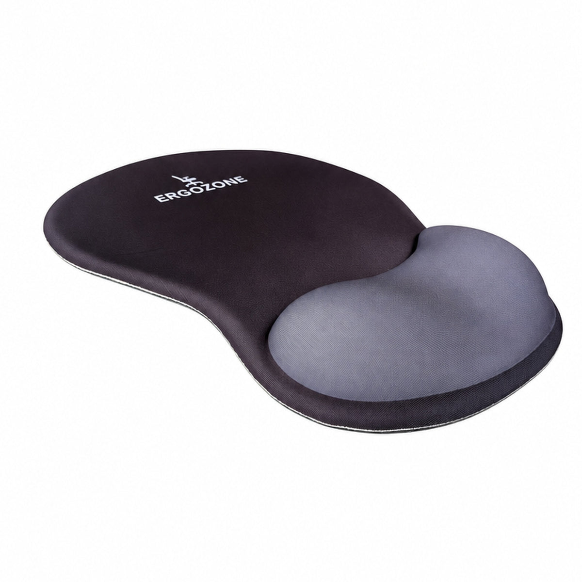 Tapis de souris ergonomique Ergozone noir vu de trois quarts, repose-poignet en mousse, sur fond blanc