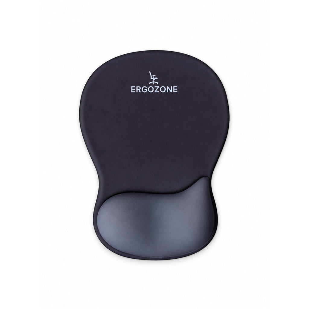 Tapis de souris ergonomique Ergozone noir avec repose-poignet en mousse, sur fond blanc