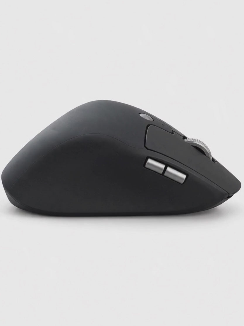 Souris ergonomique verticale sans fil noire en rotation à 360°, boutons latéraux, molette et port USB-C