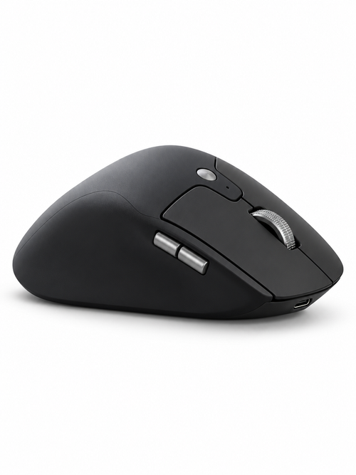 Souris ergonomique verticale sans fil noire, vue de trois quarts